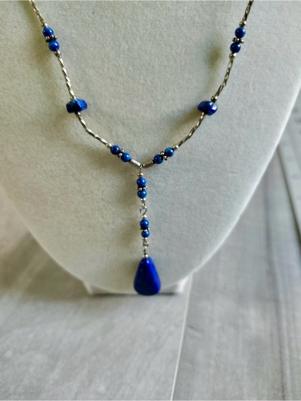 Vintage 925 Sterling Silver Lapis Lazuli Liquid Silver Y Necklace - 17" Drop, 7g